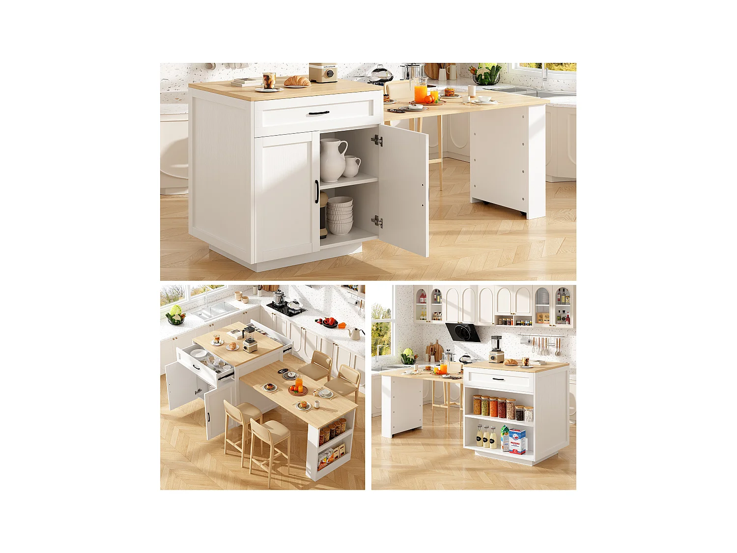 Uitschuifbare keukentafel met opbergruimte, 2 lades en 2 vakken, MDF, wit (133-202x70x93,5 cm)