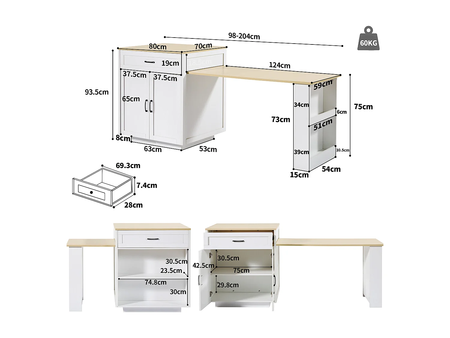 Table de cuisine extensible avec rangement, 2 tiroirs et 2 compartiments, MDF, blanc (133-202x70x93.5 cm)