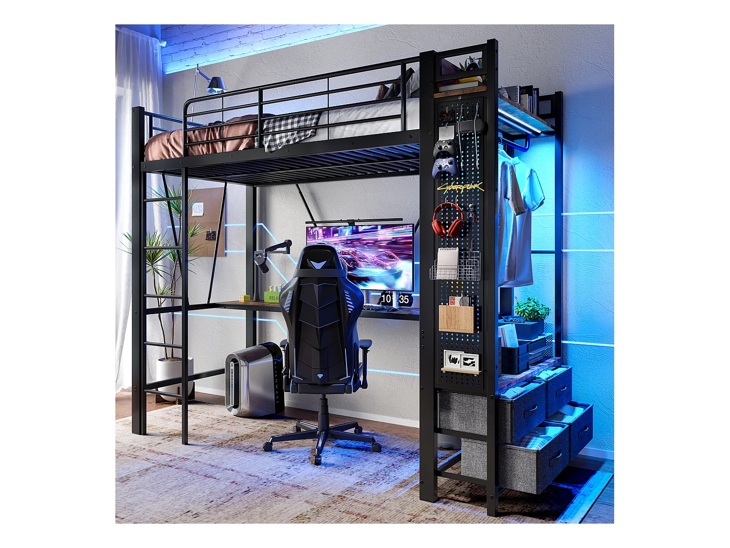 Lit mezzanine avec bureau, barre de séchage, étagères et éclairage LED, métal, noir (227.5x95x180cm)