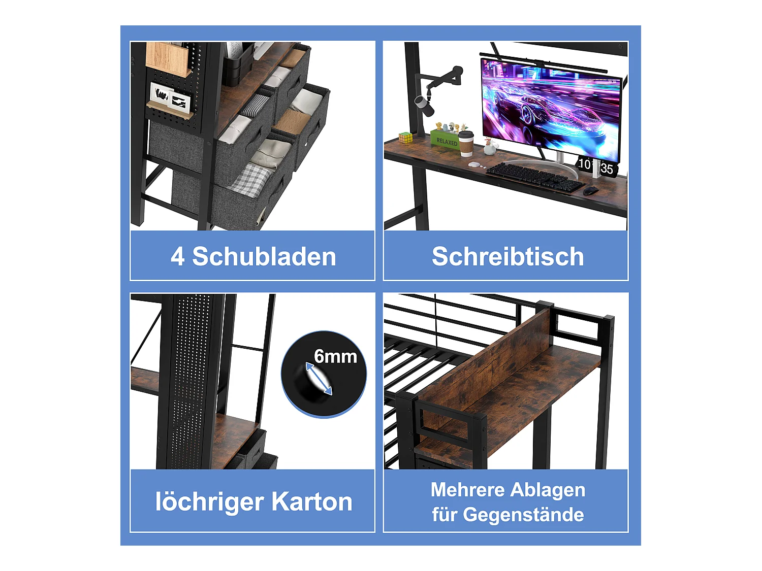 Lit mezzanine avec bureau, barre de séchage, étagères et éclairage LED, métal, noir (227.5x95x180cm)