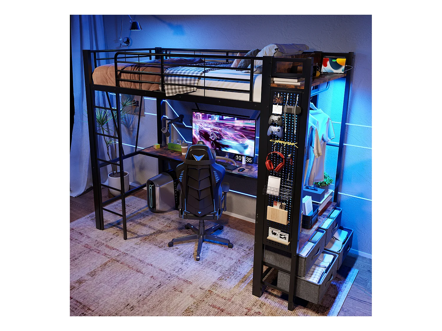 Lit mezzanine avec bureau, barre de séchage, étagères et éclairage LED, métal, noir (227.5x95x180cm)