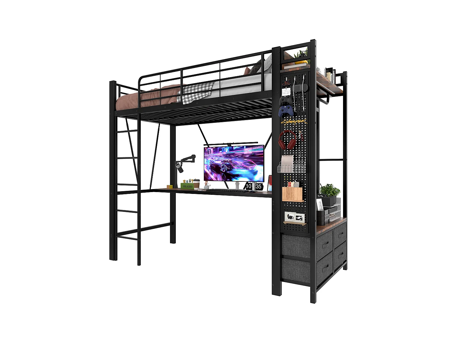 Lit mezzanine avec bureau, barre de séchage, étagères et éclairage LED, métal, noir (227.5x95x180cm)
