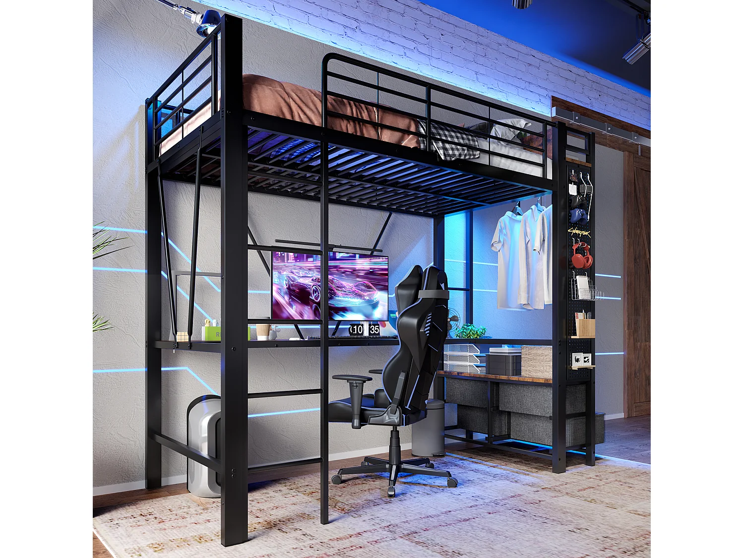 Cama alta con escritorio, tendedero, estantes e iluminación LED, metal, color negro (227,5x95x180cm)