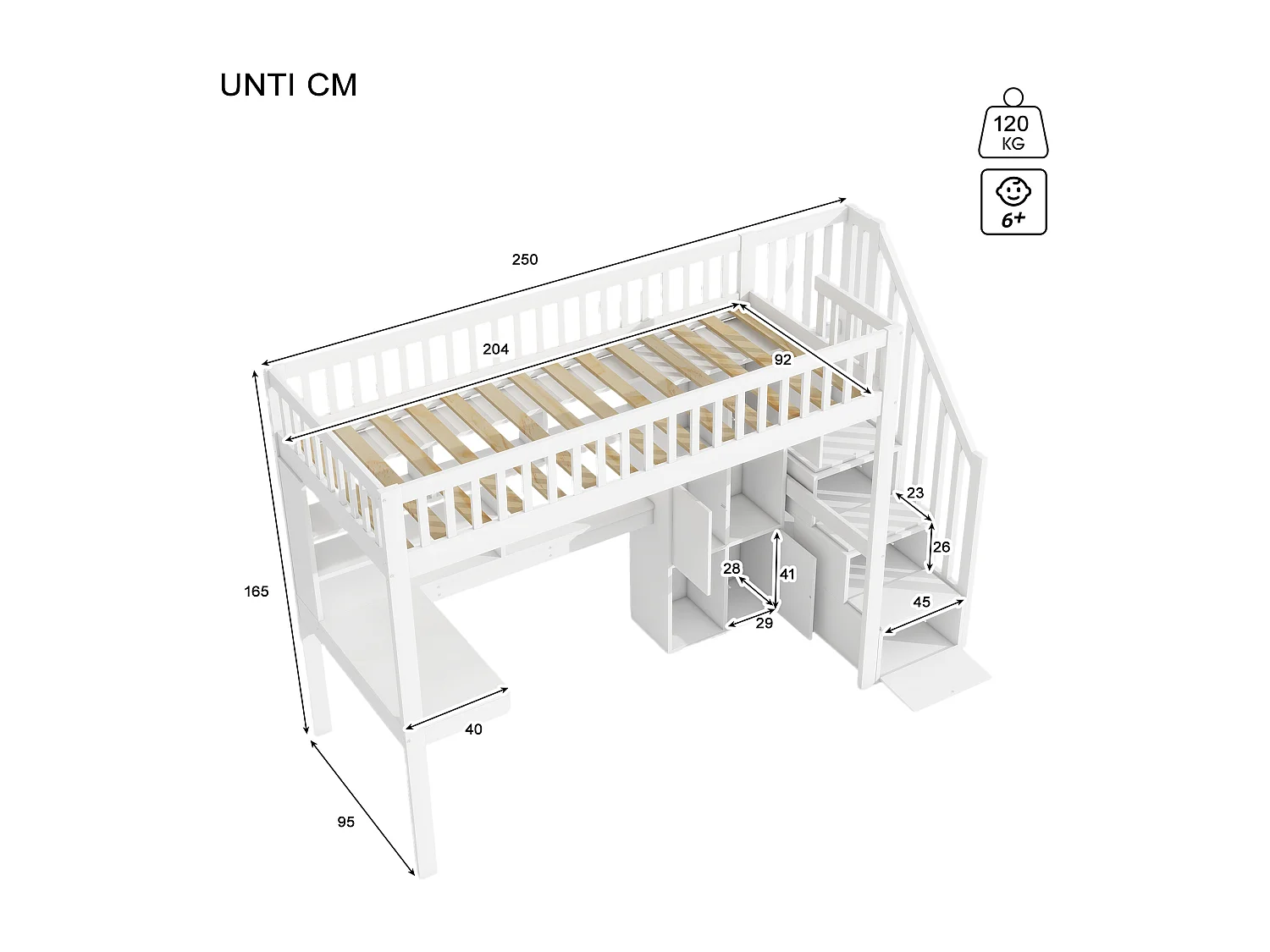 Letto a soppalco con illuminazione a LED, scala portaoggetti, ripiani, cassetti e scrivania, pino e MDF, bianco (250x95x165cm)