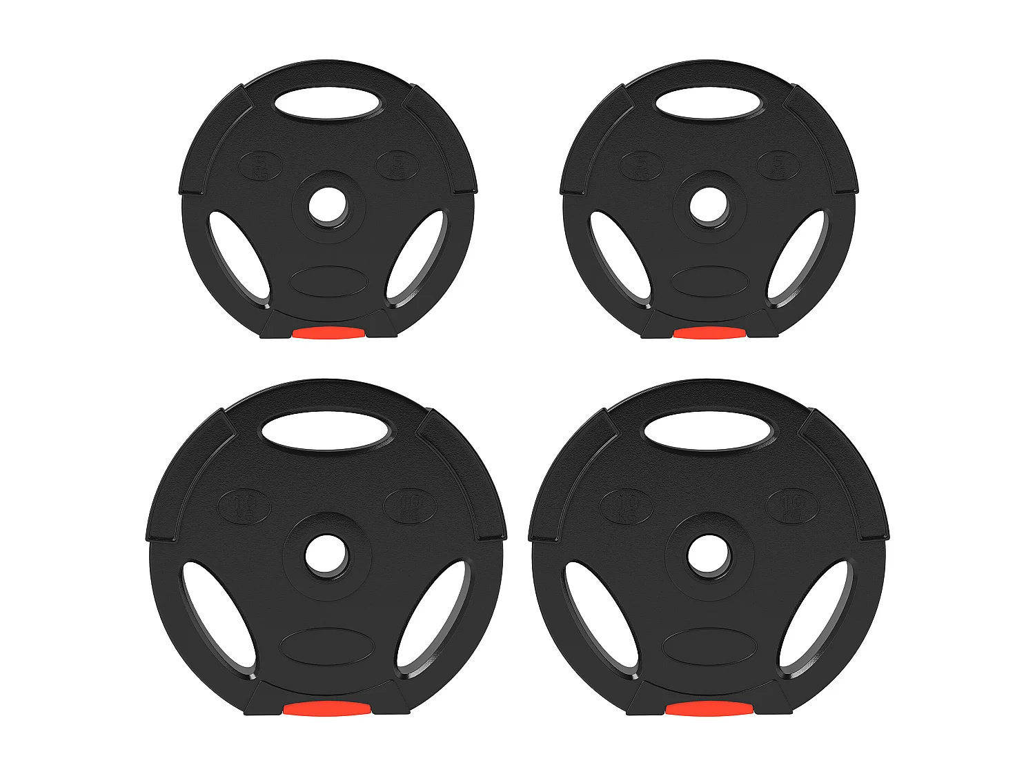 Juego de 4 discos de pesas, 2 discos de 5 kg/10 kg, para barra de 2,5 cm, plástico, negro (34 x 34 x 6 cm)