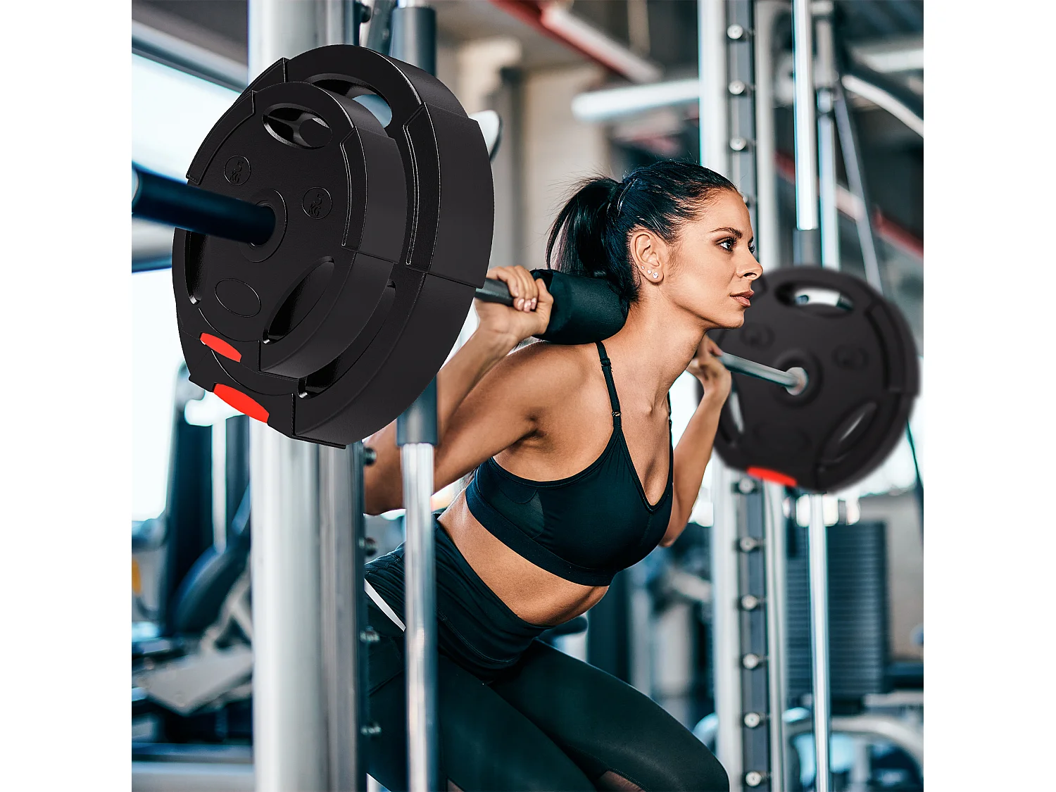 Juego de 4 discos de pesas, 2 discos de 5 kg/10 kg, para barra de 2,5 cm, plástico, negro (34 x 34 x 6 cm)