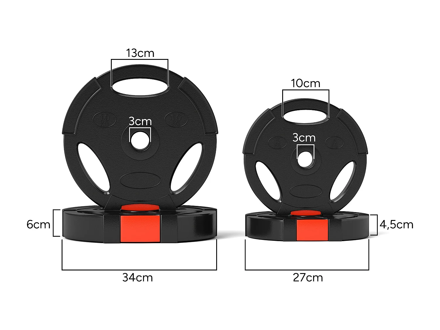 Juego de 4 discos de pesas, 2 discos de 5 kg/10 kg, para barra de 2,5 cm, plástico, negro (34 x 34 x 6 cm)