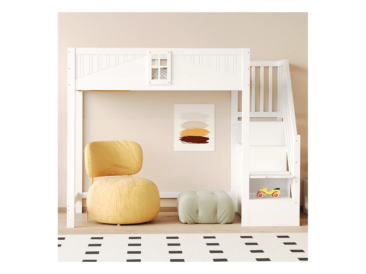 Letto a soppalco in legno massello, con porta blindata e finestra, scaletta laterale rimovibile, multifunzionale, bianco (90x200x170 cm)