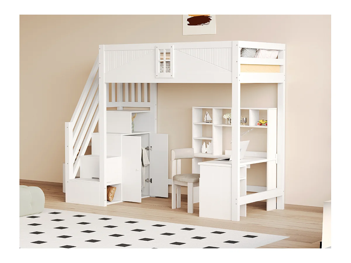 Letto a soppalco in legno massello, con porta blindata e finestra, scaletta laterale rimovibile, multifunzionale, bianco (90x200x170 cm)