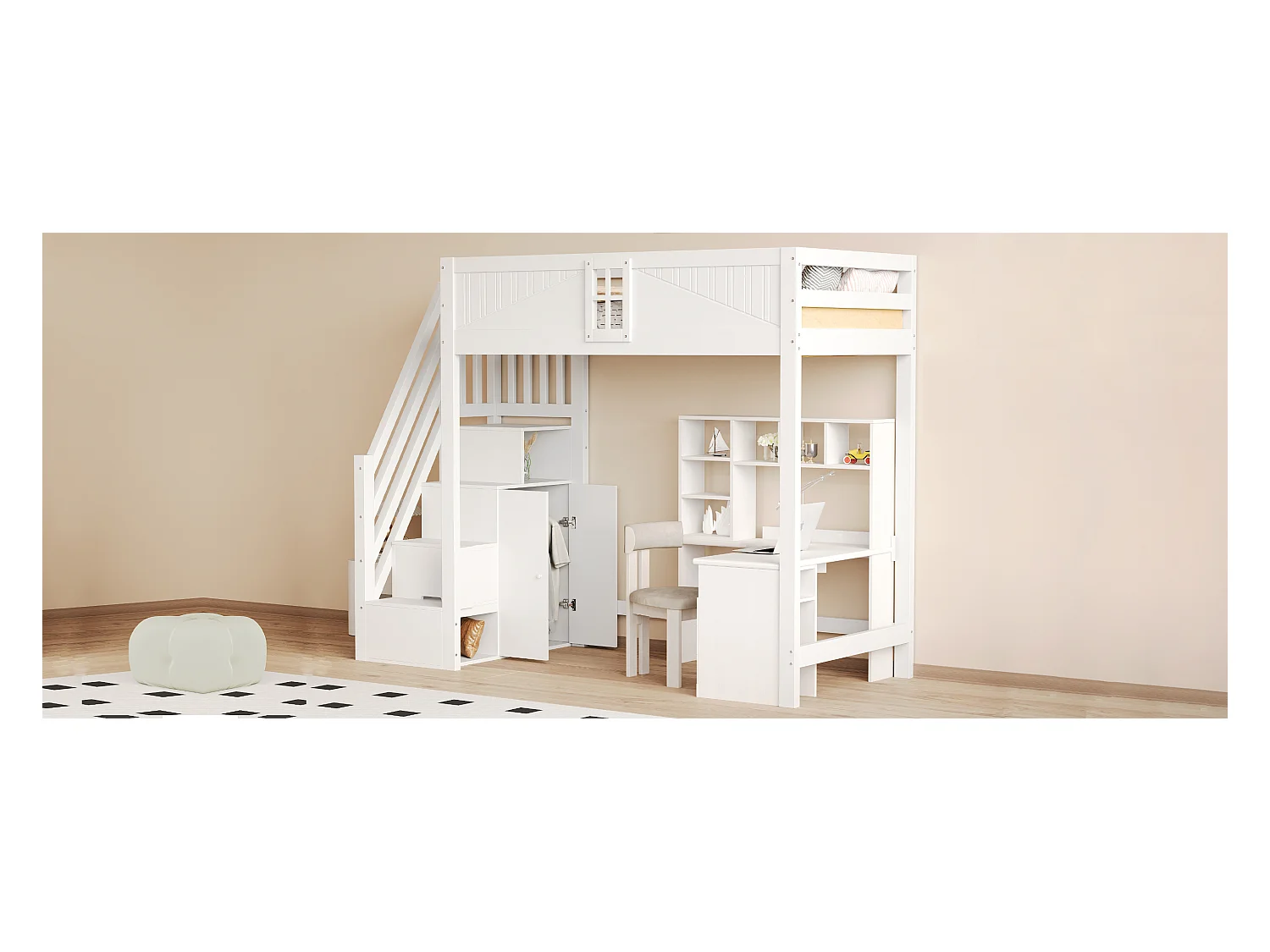 Letto a soppalco in legno massello, con porta blindata e finestra, scaletta laterale rimovibile, multifunzionale, bianco (90x200x170 cm)