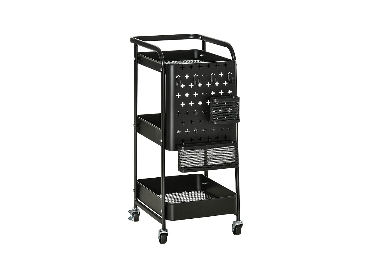 Chariot de cuisine avec panneau perforé, porte-serviettes et paniers de rangement, acier, noir (51.5x32x75.6cm)