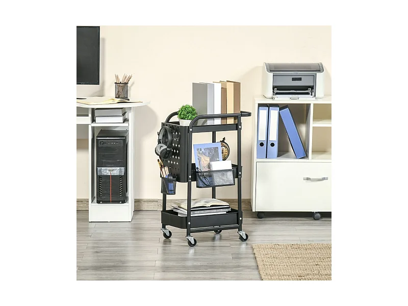 Chariot de cuisine avec panneau perforé, porte-serviettes et paniers de rangement, acier, noir (51.5x32x75.6cm)