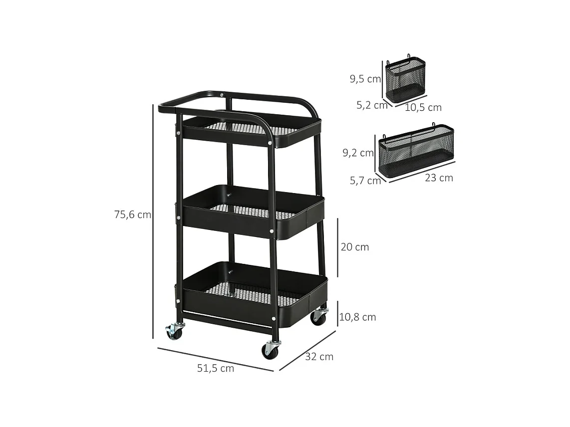 Chariot de cuisine avec panneau perforé, porte-serviettes et paniers de rangement, acier, noir (51.5x32x75.6cm)