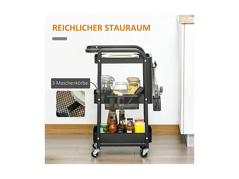 Chariot de cuisine avec panneau perforé, porte-serviettes et paniers de rangement, acier, noir (51.5x32x75.6cm)