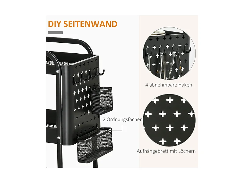 Chariot de cuisine avec panneau perforé, porte-serviettes et paniers de rangement, acier, noir (51.5x32x75.6cm)