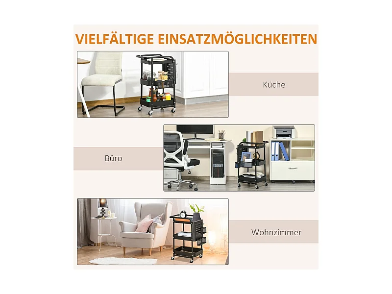 Chariot de cuisine avec panneau perforé, porte-serviettes et paniers de rangement, acier, noir (51.5x32x75.6cm)