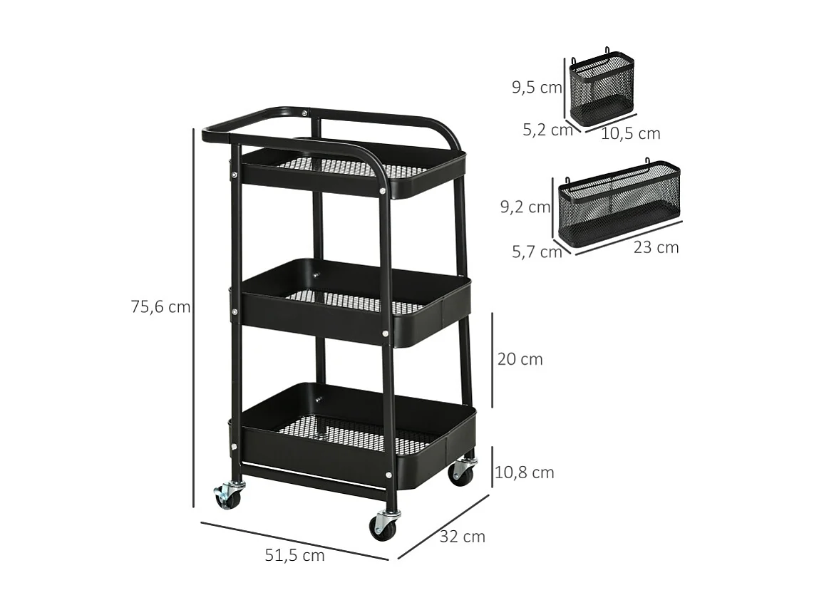 Chariot de cuisine avec panneau perforé, porte-serviettes et paniers de rangement, acier, noir (51.5x32x75.6cm)