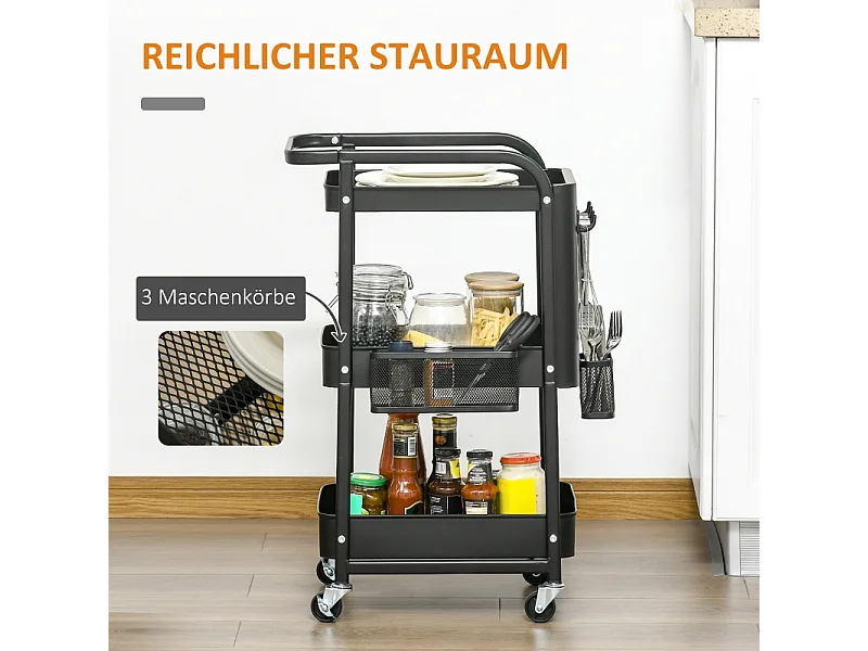Chariot de cuisine avec panneau perforé, porte-serviettes et paniers de rangement, acier, noir (51.5x32x75.6cm)
