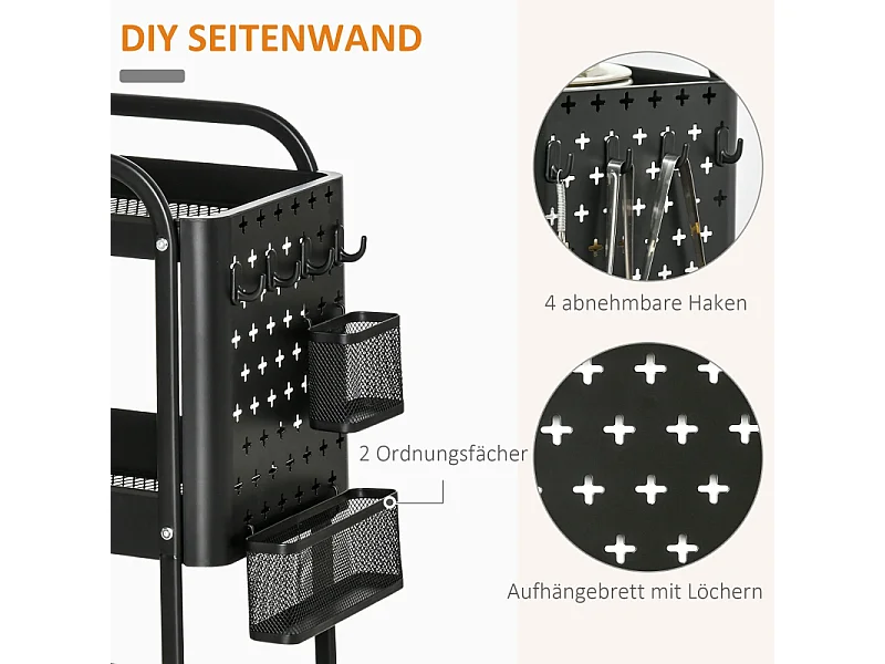 Chariot de cuisine avec panneau perforé, porte-serviettes et paniers de rangement, acier, noir (51.5x32x75.6cm)