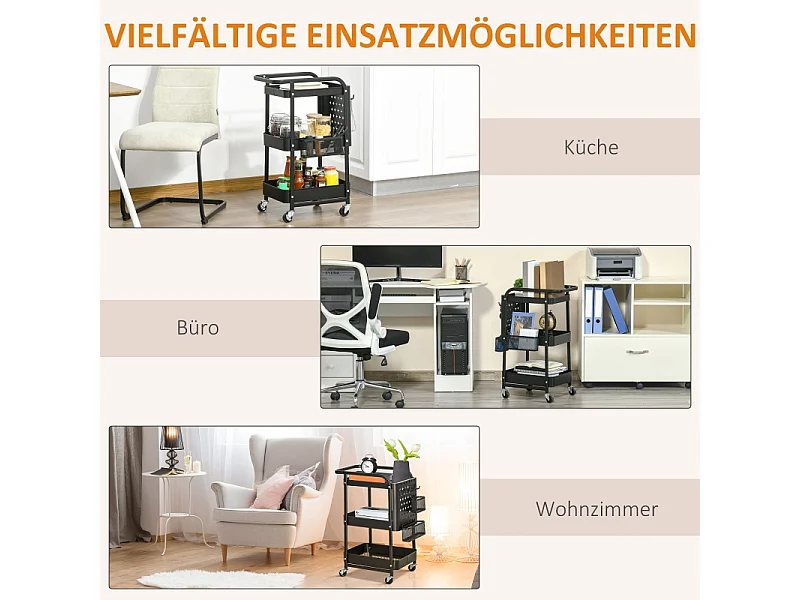 Chariot de cuisine avec panneau perforé, porte-serviettes et paniers de rangement, acier, noir (51.5x32x75.6cm)