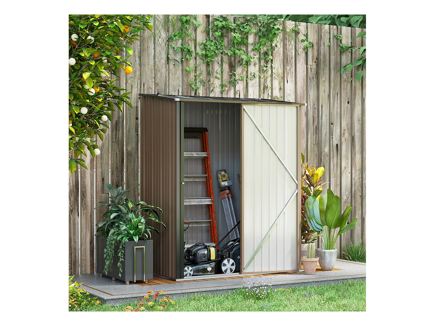 Abri de jardin métallique avec toit en pente, acier galvanisé, marron (161.5x94.5x196 cm)