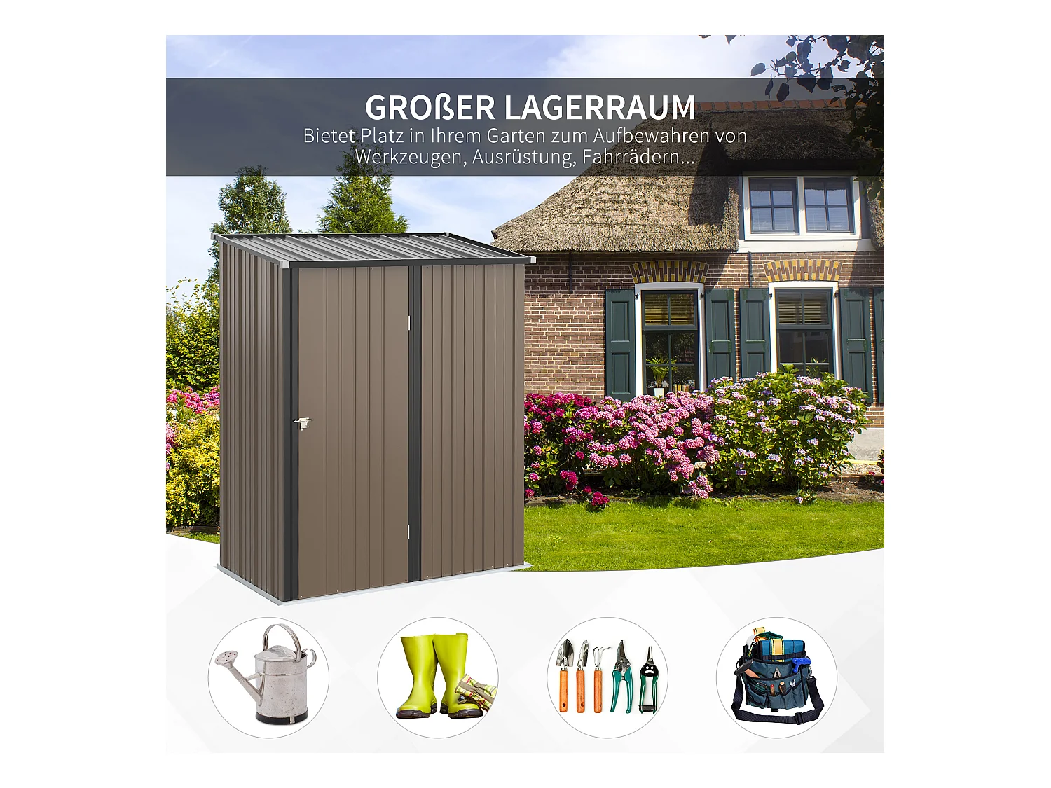 Abri de jardin métallique avec toit en pente, acier galvanisé, marron (161.5x94.5x196 cm)