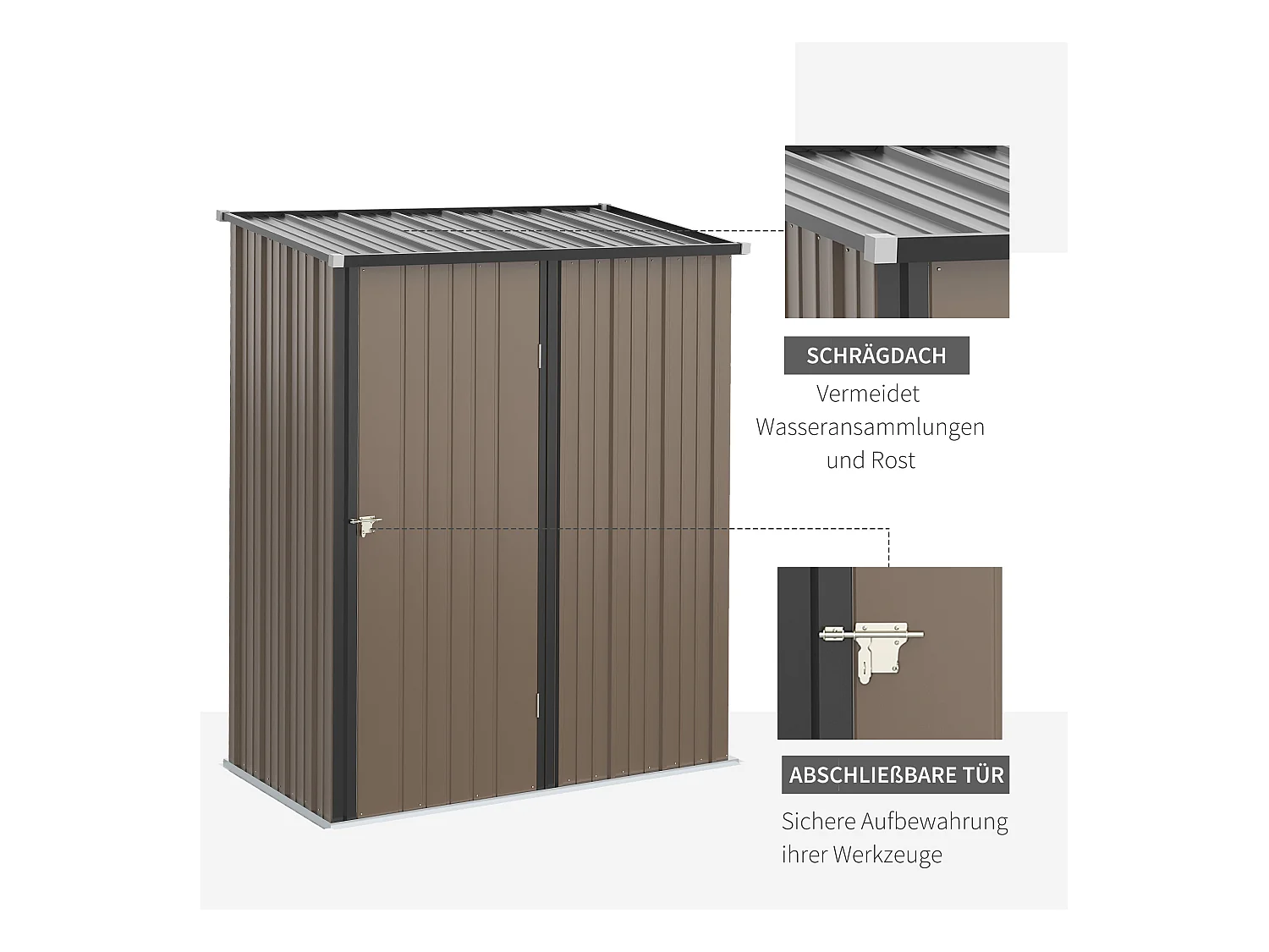 Abri de jardin métallique avec toit en pente, acier galvanisé, marron (161.5x94.5x196 cm)