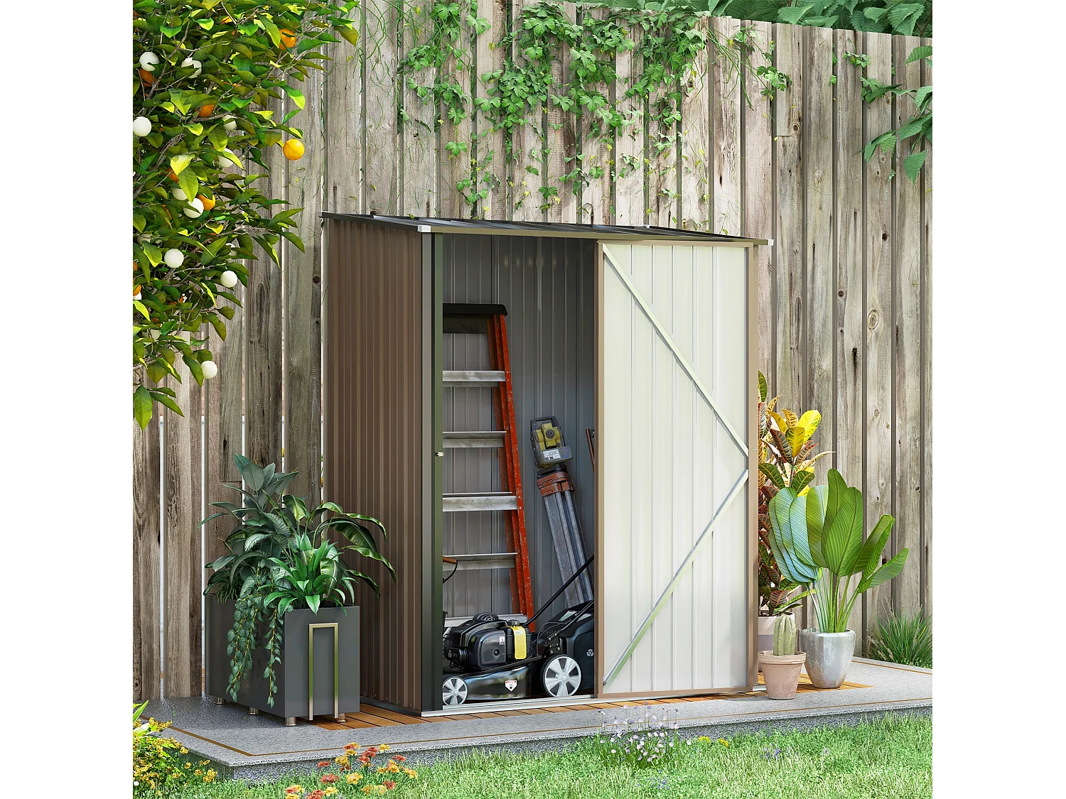 Abri de jardin métallique avec toit en pente, acier galvanisé, marron (161.5x94.5x196 cm)