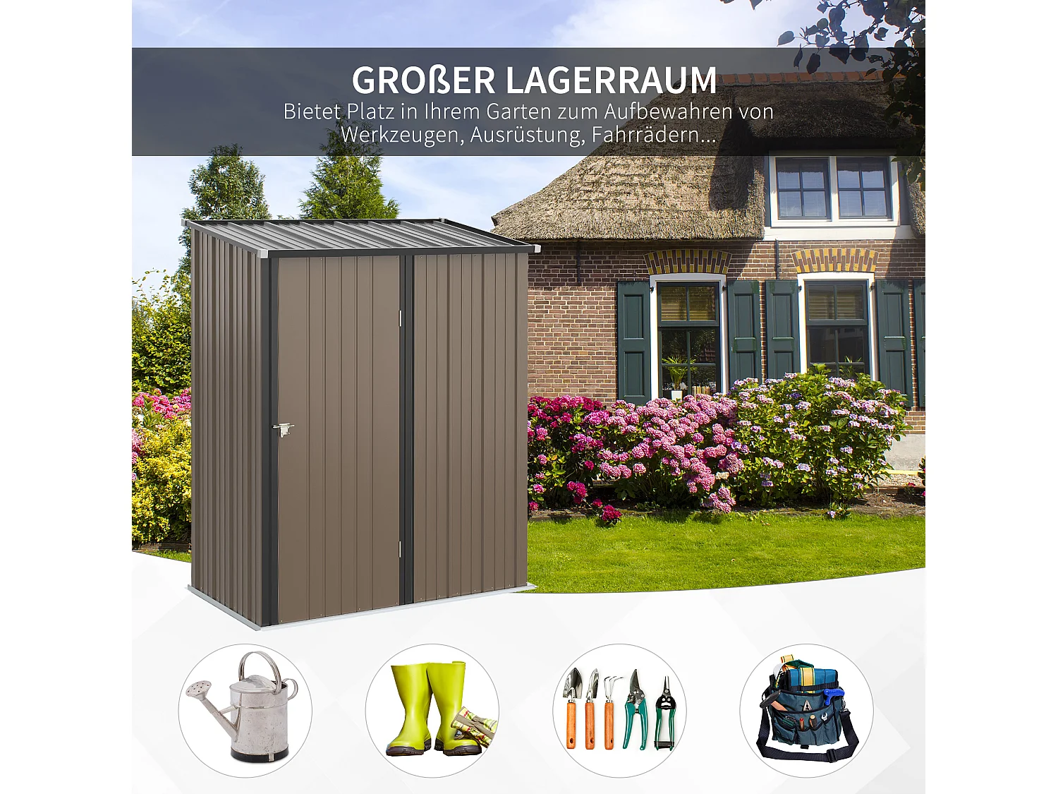 Abri de jardin métallique avec toit en pente, acier galvanisé, marron (161.5x94.5x196 cm)