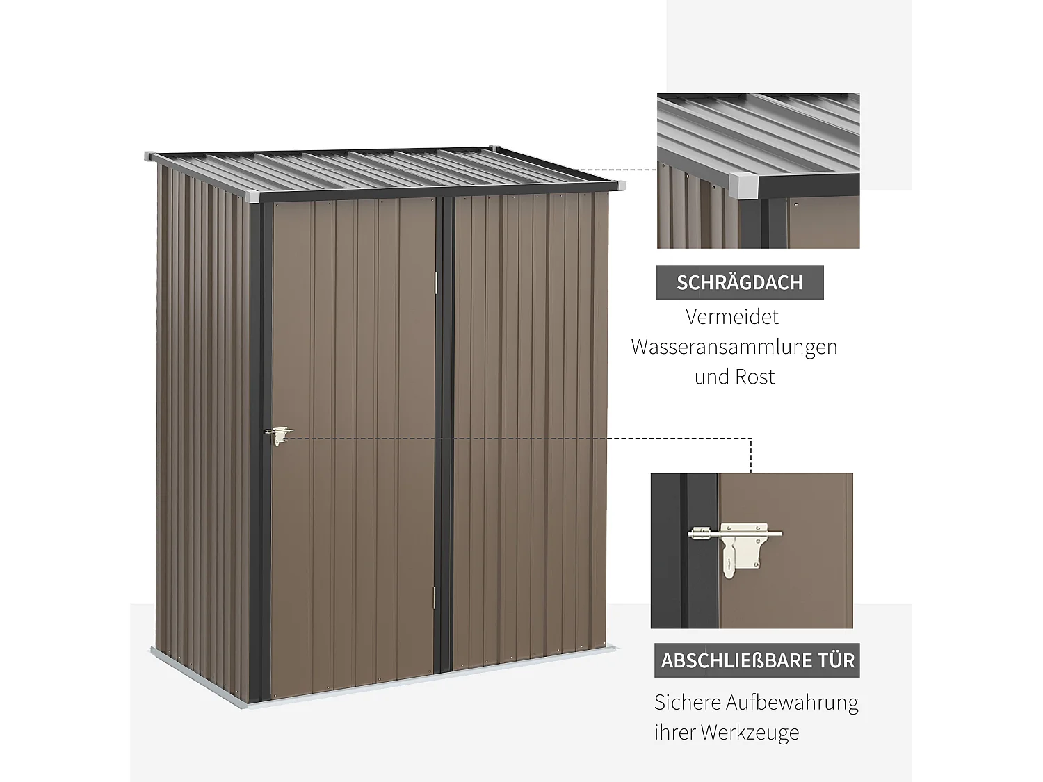 Abri de jardin métallique avec toit en pente, acier galvanisé, marron (161.5x94.5x196 cm)