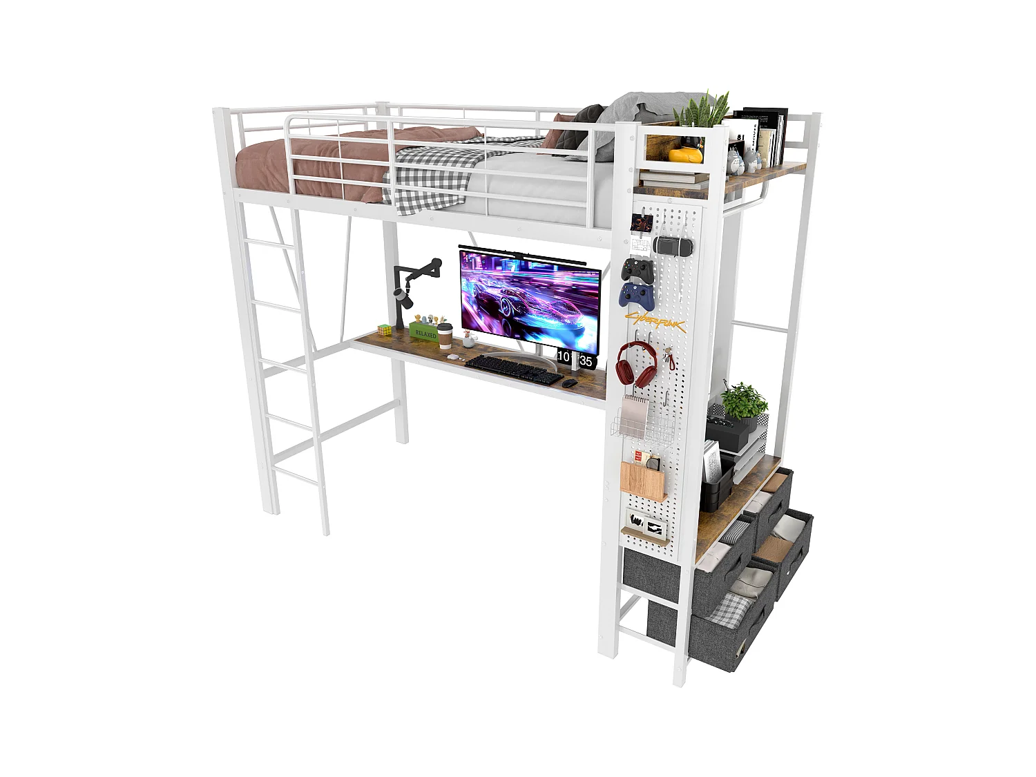 Lit mezzanine avec bureau, barre de séchage et rangements, cadre métallique, blanc (90x200x180cm)