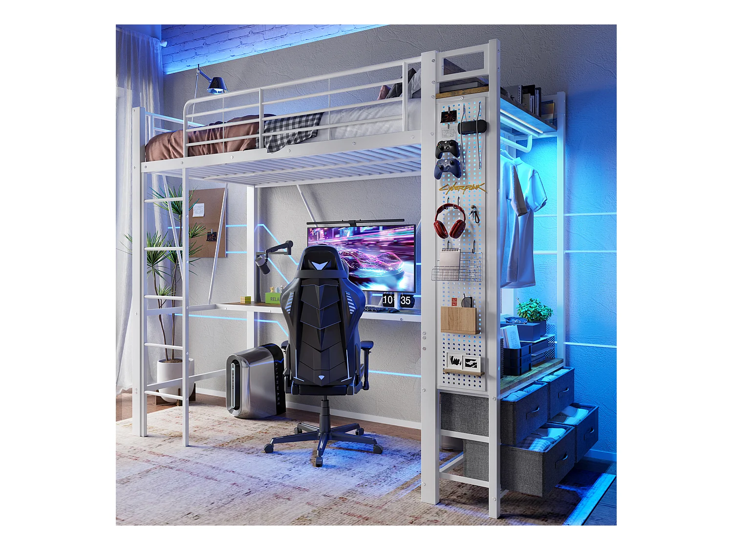 Hoogslaper met bureau, droogrek en opbergruimte, metalen frame, wit (90x200x180cm)