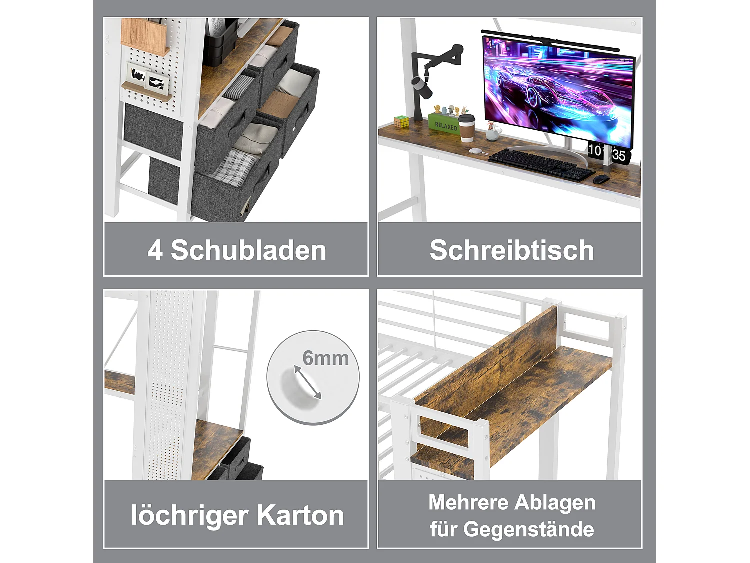 Hoogslaper met bureau, droogrek en opbergruimte, metalen frame, wit (90x200x180cm)