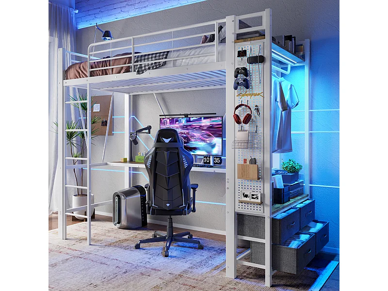 Hoogslaper met bureau, droogrek en opbergruimte, metalen frame, wit (90x200x180cm)