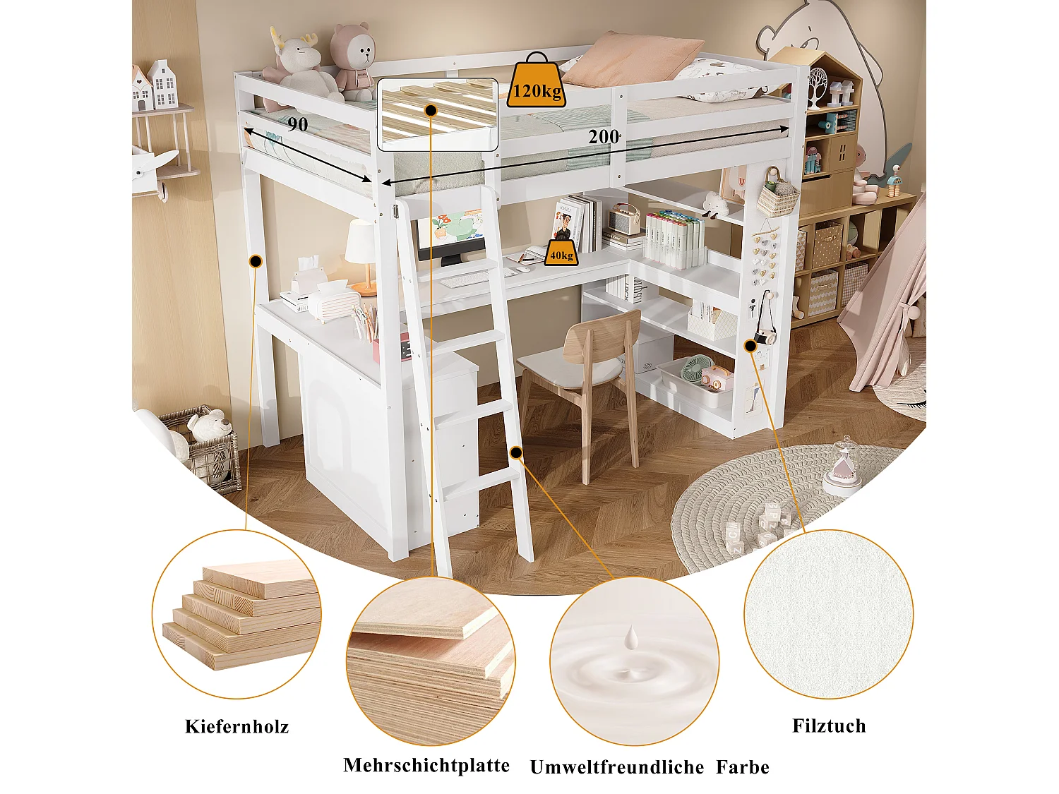 Cama alta infantil con práctico estante, barandilla de seguridad y escalera inclinada, madera maciza + MDF, blanco (90x200 cm)