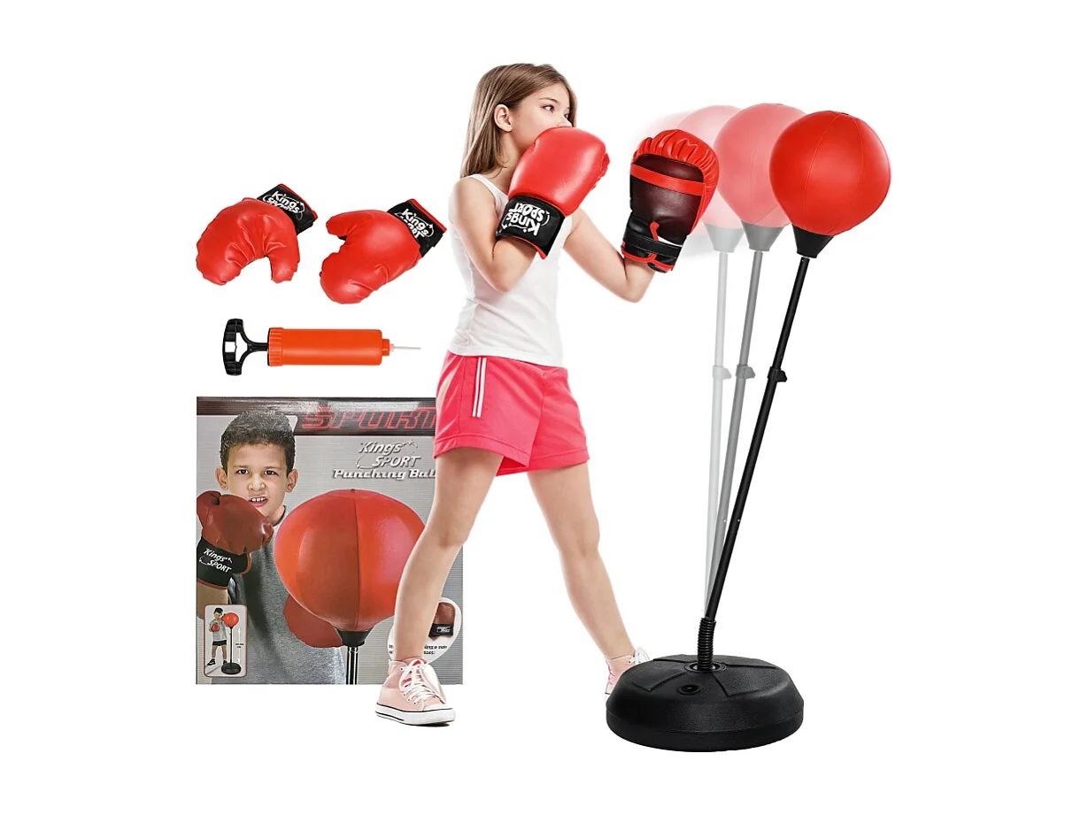 Sac de boxe réglable pour enfants 5-10 ans, avec gants, plastique, rouge (44.3x44.3x147 cm)