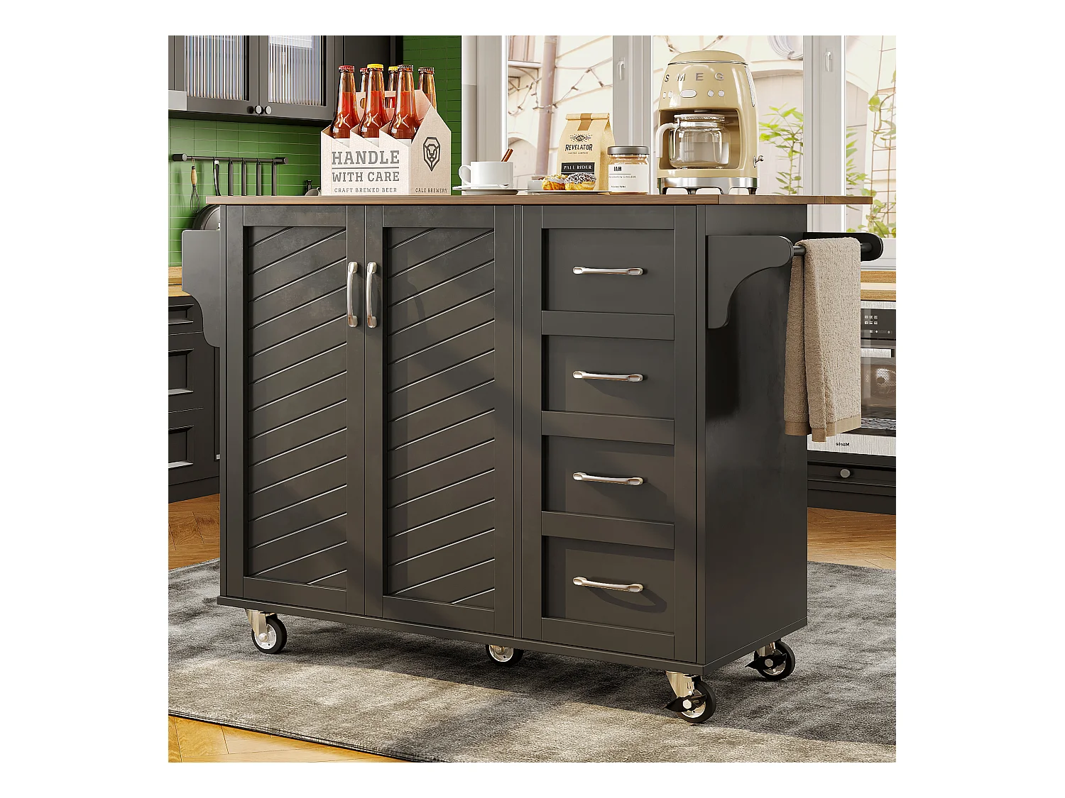 Chariot de cuisine à portes rayées diagonales, avec table pliante, étagère à épices et porte-serviettes, MDF, noir (107x40x93cm)