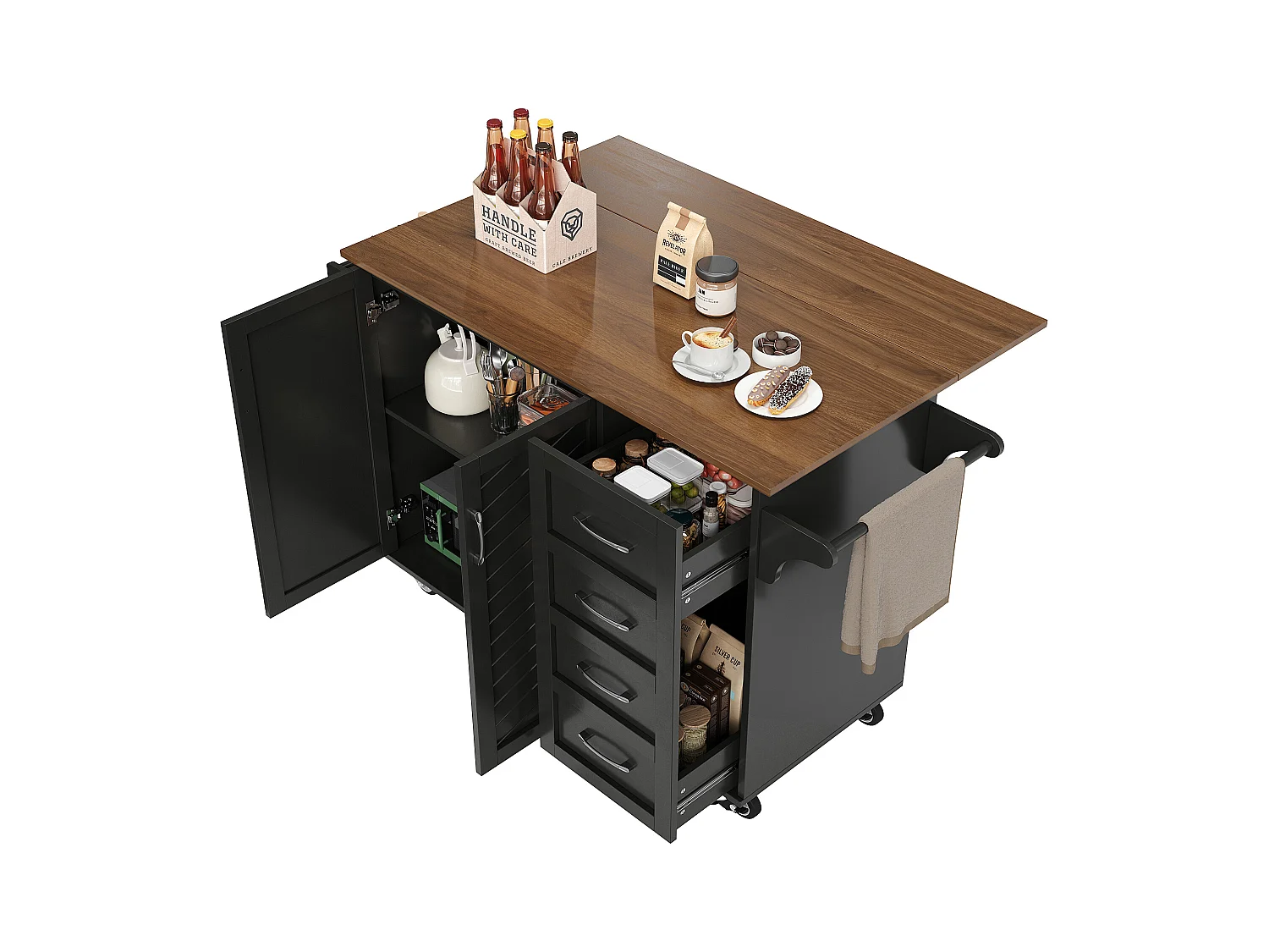 Chariot de cuisine à portes rayées diagonales, avec table pliante, étagère à épices et porte-serviettes, MDF, noir (107x40x93cm)