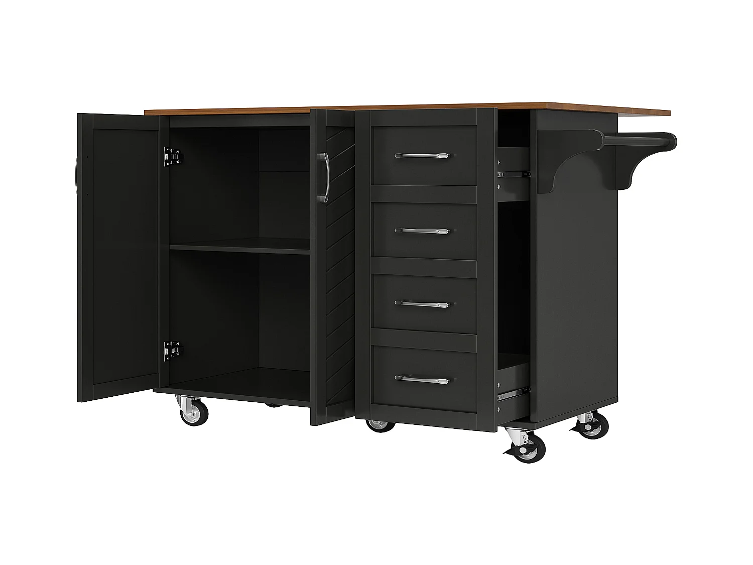 Chariot de cuisine à portes rayées diagonales, avec table pliante, étagère à épices et porte-serviettes, MDF, noir (107x40x93cm)