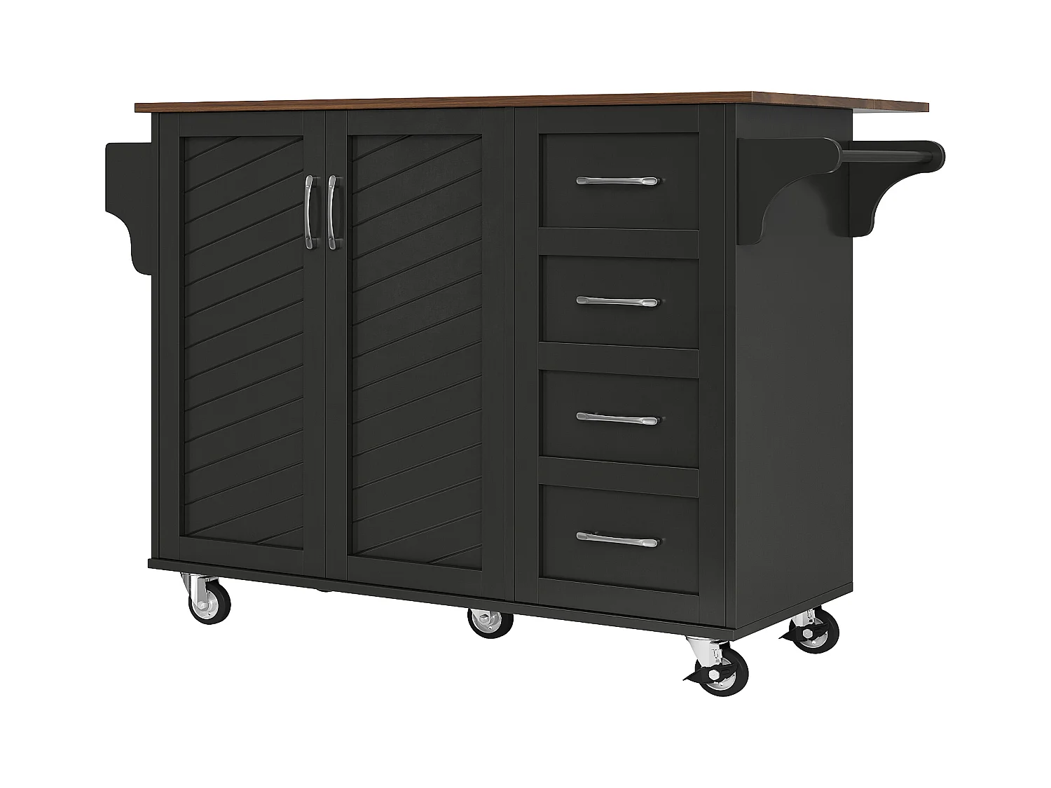 Chariot de cuisine à portes rayées diagonales, avec table pliante, étagère à épices et porte-serviettes, MDF, noir (107x40x93cm)