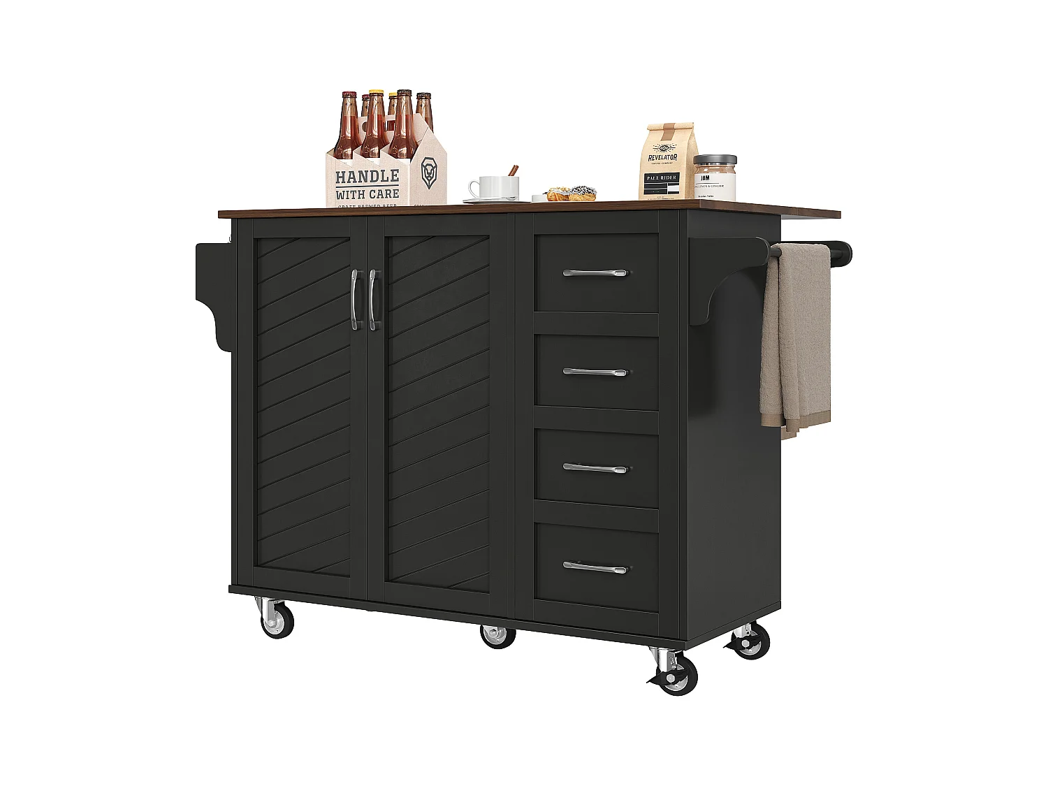 Chariot de cuisine à portes rayées diagonales, avec table pliante, étagère à épices et porte-serviettes, MDF, noir (107x40x93cm)