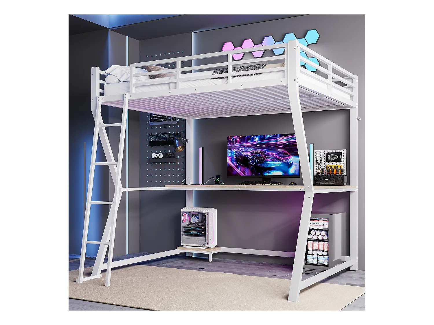 Lit mezzanine avec bureau et éclairage LED, métal et MDF, blanc, escalier sécurisé (204.5x145.5x177.5cm)