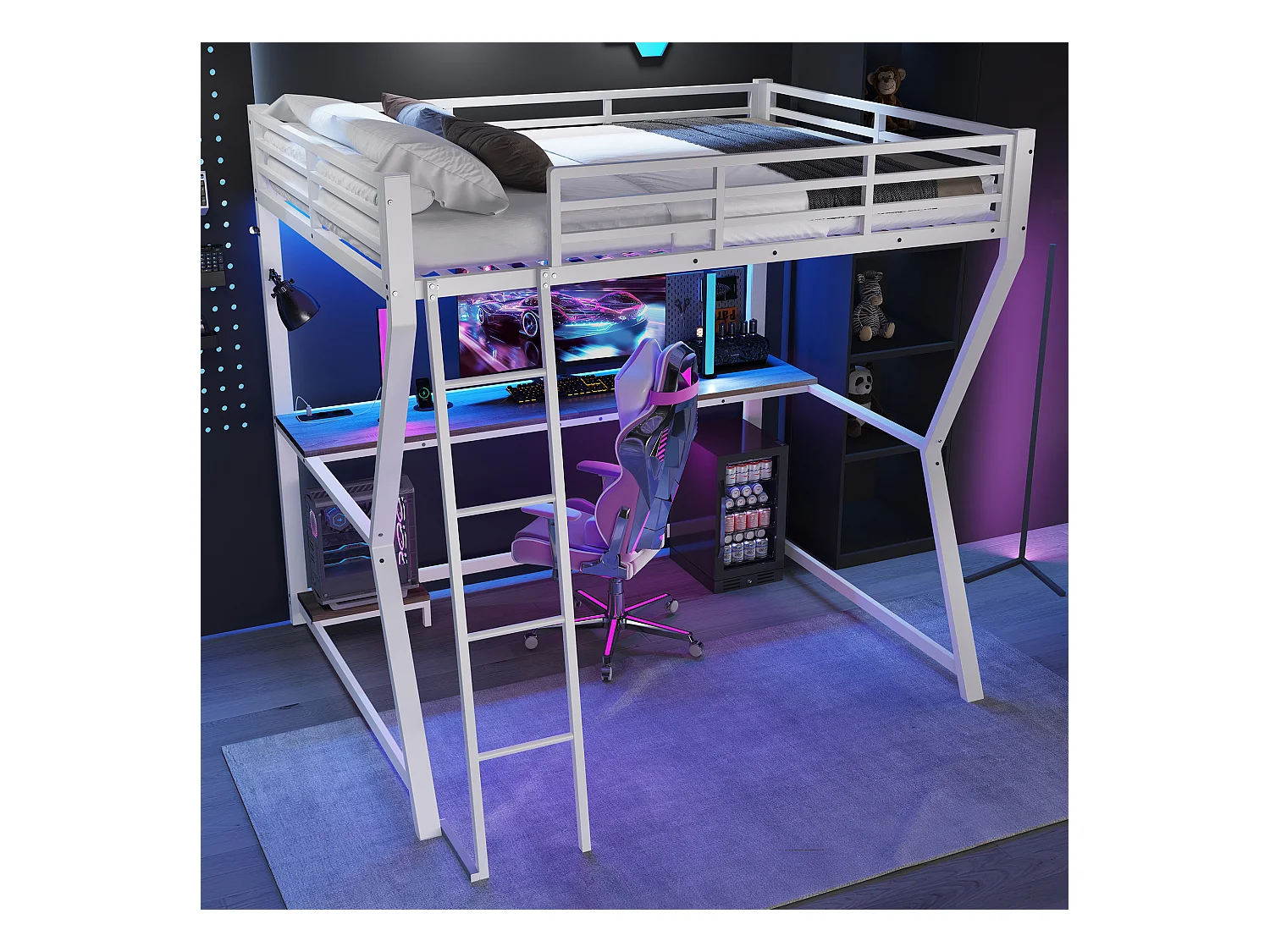 Lit mezzanine avec bureau et éclairage LED, métal et MDF, blanc, escalier sécurisé (204.5x145.5x177.5cm)