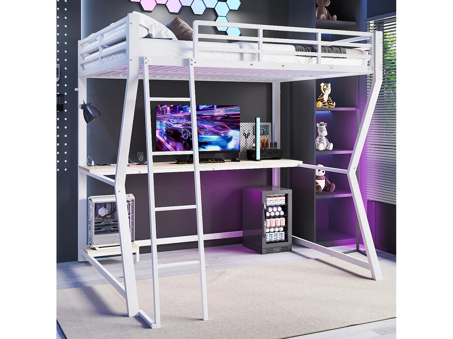 Lit mezzanine avec bureau et éclairage LED, métal et MDF, blanc, escalier sécurisé (204.5x145.5x177.5cm)