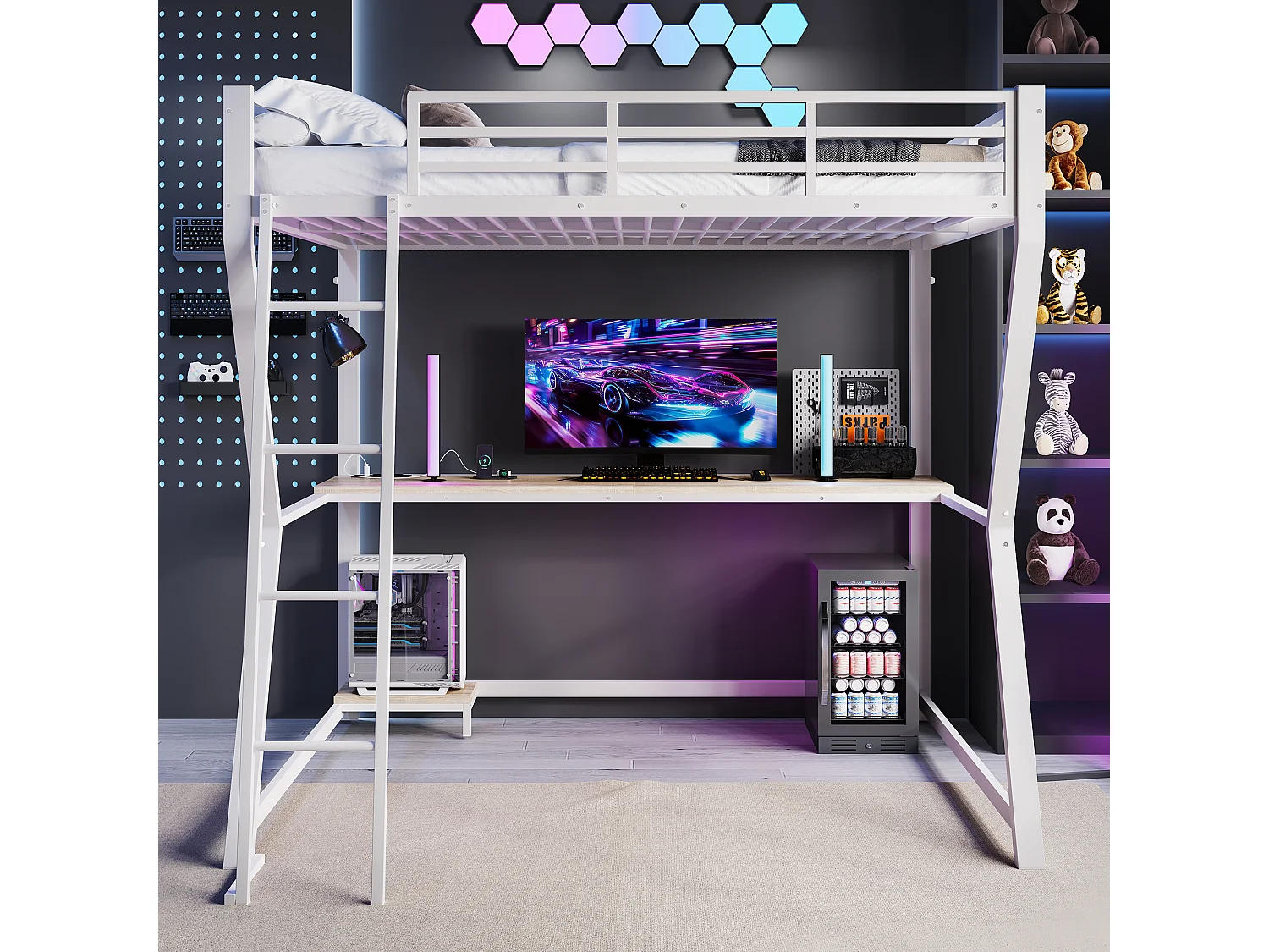 Lit mezzanine avec bureau et éclairage LED, métal et MDF, blanc, escalier sécurisé (204.5x145.5x177.5cm)