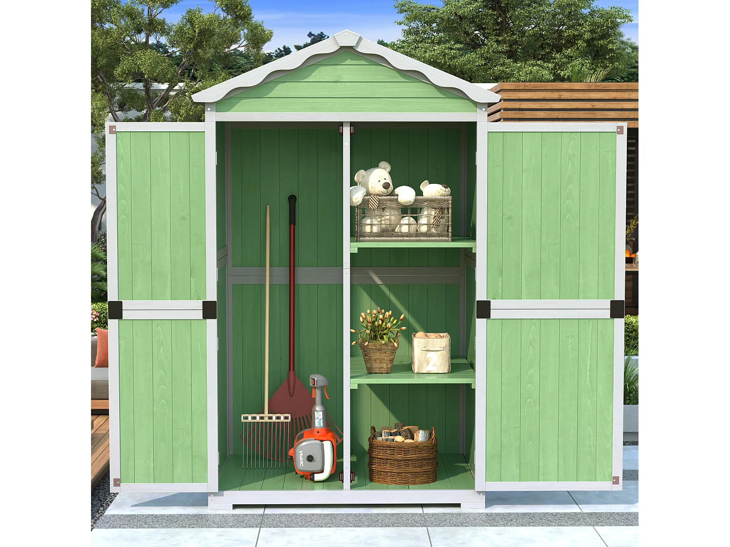 Abri de jardin en bois pour meubles et outils extérieurs, résistant aux intempéries, métal et bois, vert (93x45x179cm)