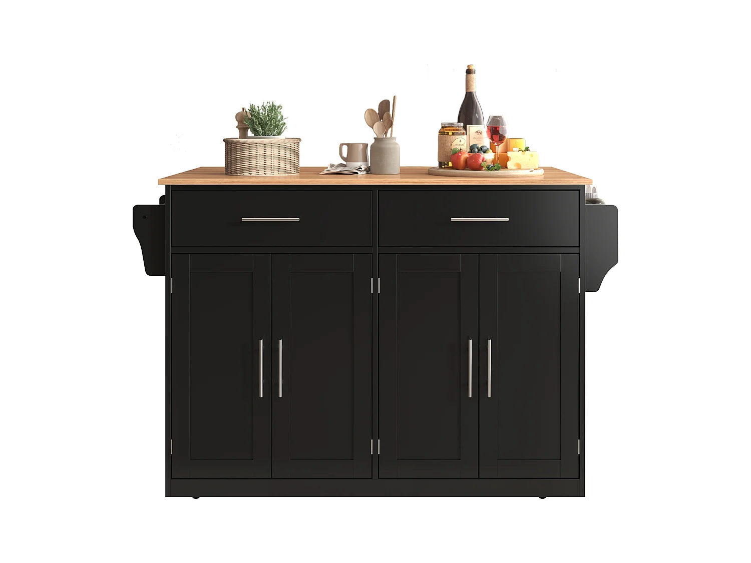 Chariot de cuisine avec plateau rabattable, design multifonction, MDF, noir et naturel (120x46(70)x91.5cm)