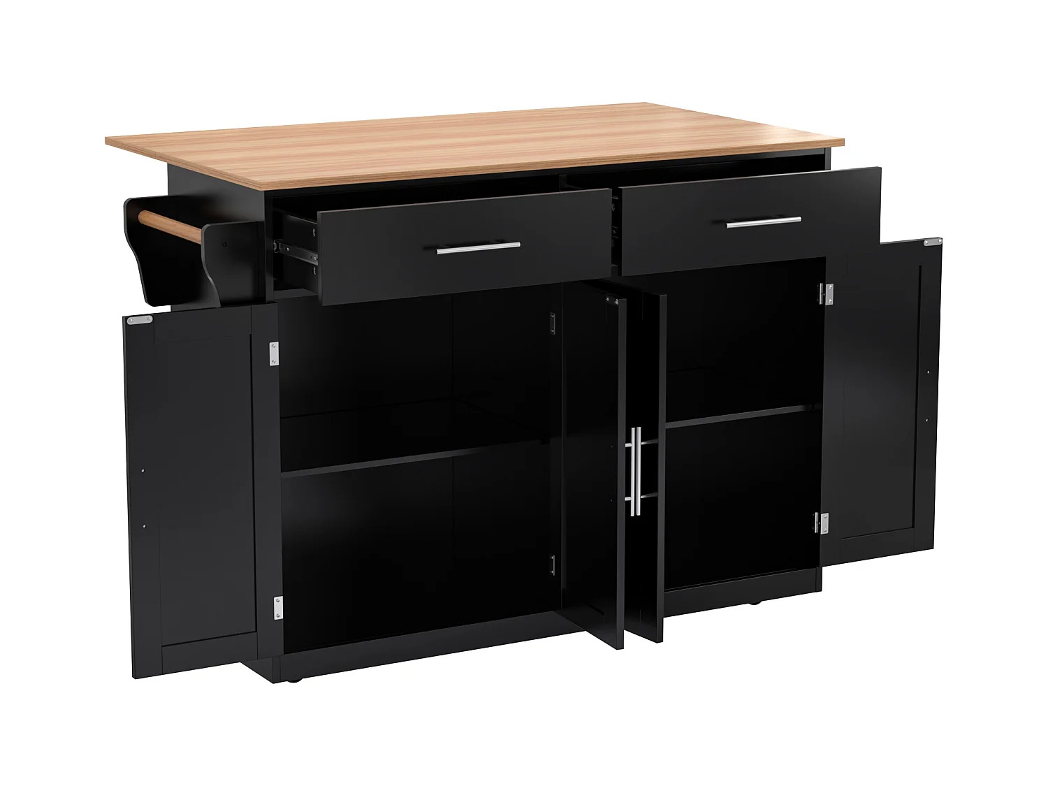 Chariot de cuisine avec plateau rabattable, design multifonction, MDF, noir et naturel (120x46(70)x91.5cm)