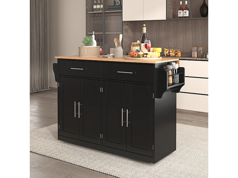 Keukentrolley met opklapbaar blad, multifunctioneel design, MDF, zwart en naturel (120x46(70)x91,5cm)