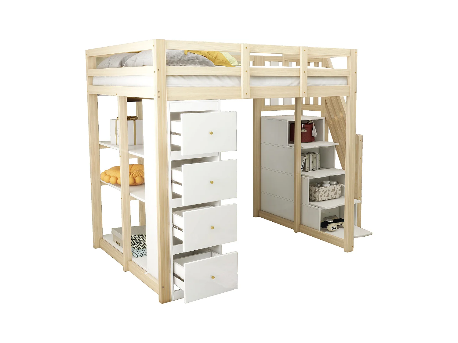 Lit mezzanine 140x200cm avec tiroirs de rangement, échelle sécurisée et étagères, bois massif, naturel et blanc (253x146.5x168cm)